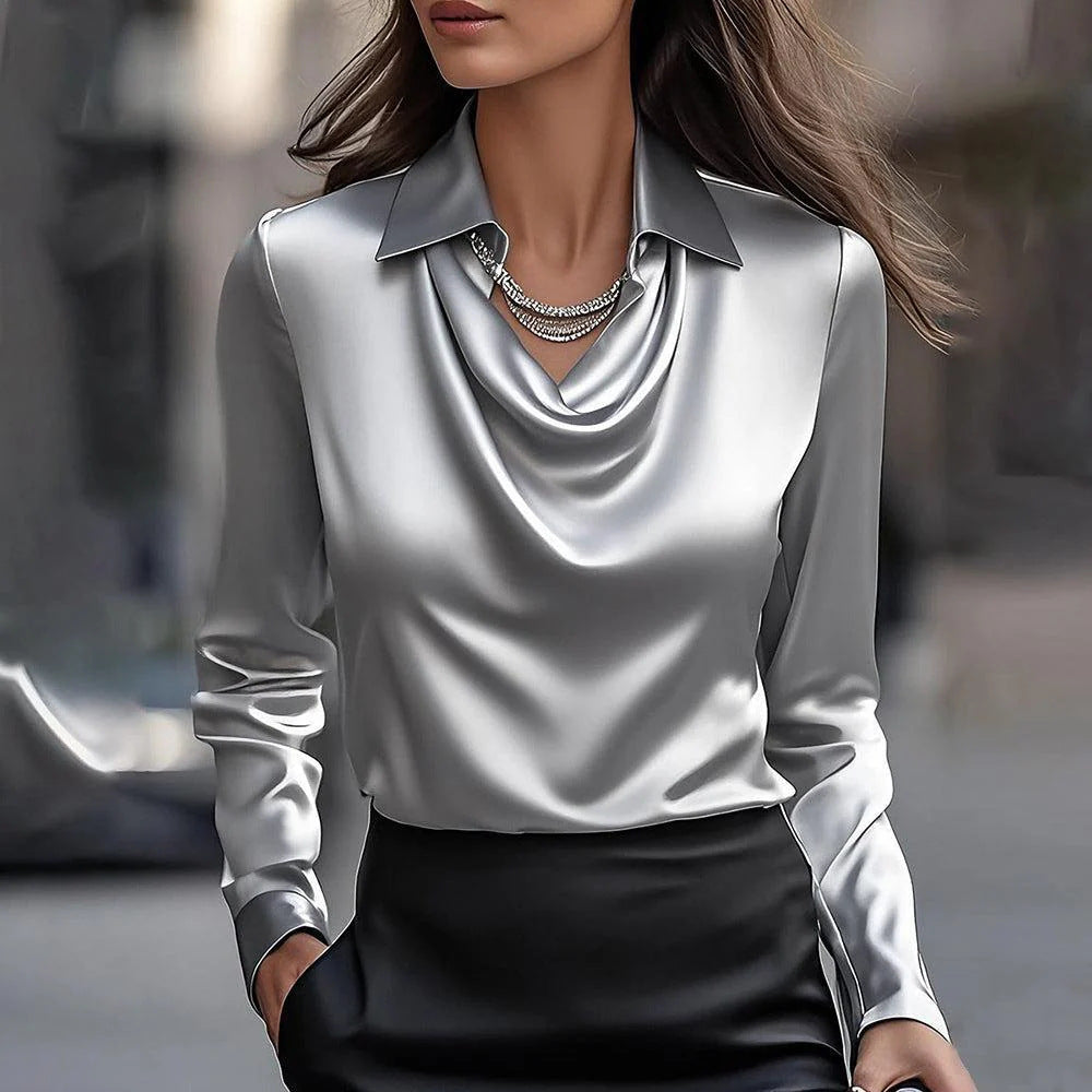 Women’s Satin Cowl-Neck Long-Sleeve Blouse